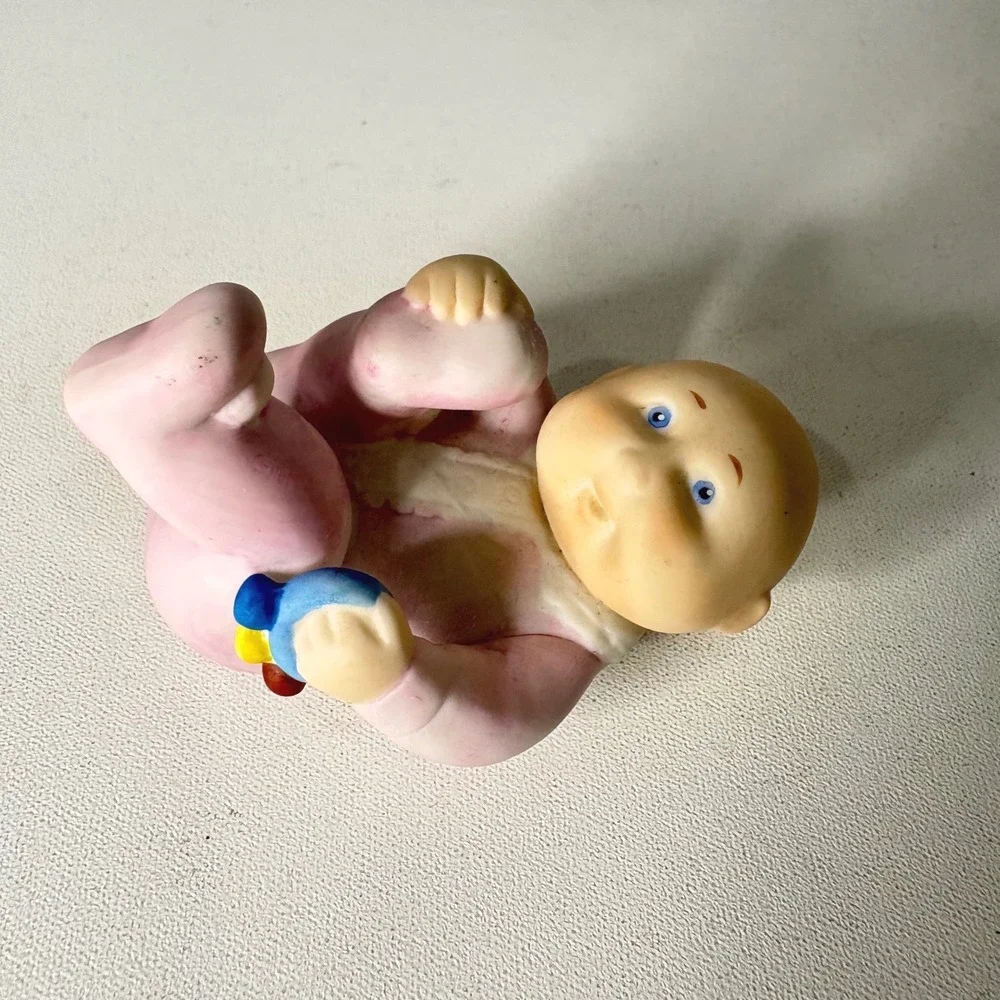 Vintage Cabbage Patch Kids Porcelain Figurine Baby in Pink Sleeper with Rattle